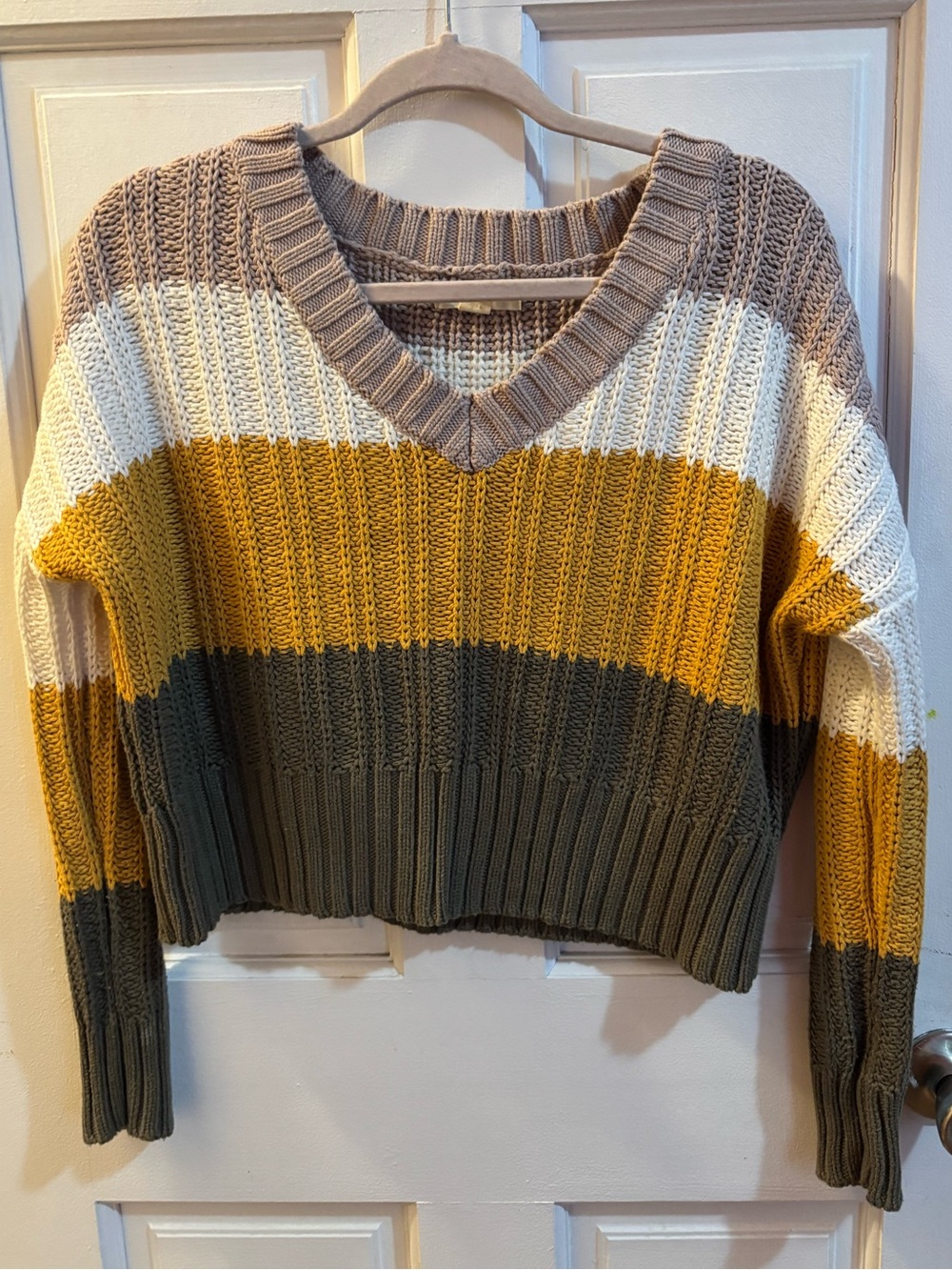 Aeropostale V-Neck Striped Sweater in Mustard, Olive & Cream